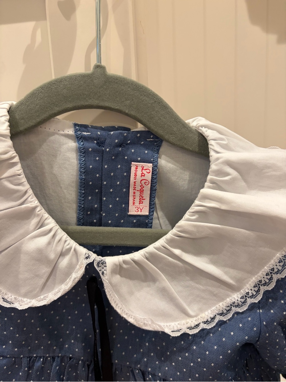 La Coqueta Blue Polka Dot Girls Costume Dress with White Peter Pan Collar - Picture 5 of 6